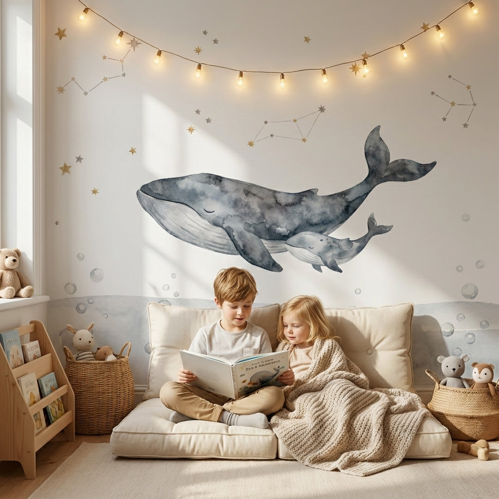 Mural de papel pintado - Ballenas entre estrellas