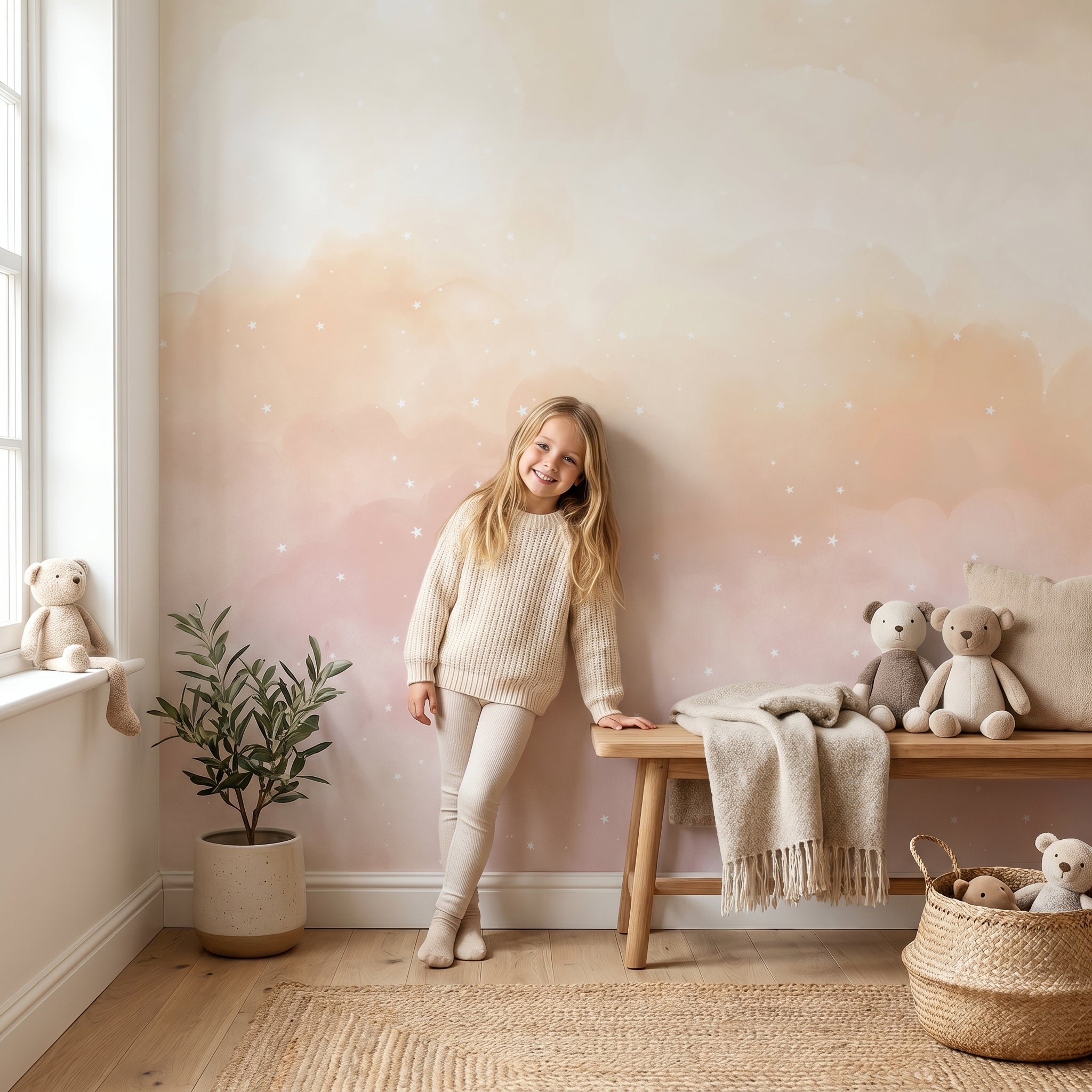 Mural de papel pintado - Nubes y estrellas rosa