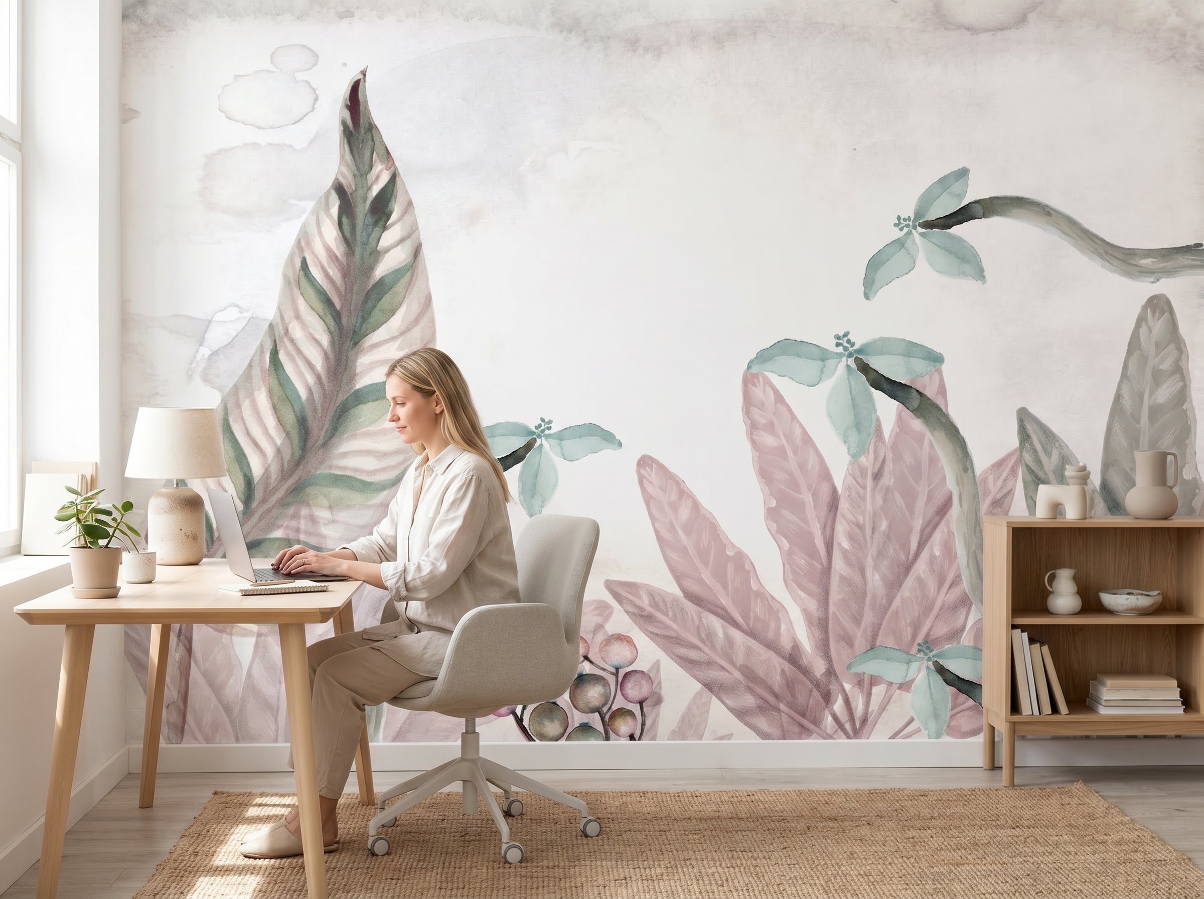 Mural de papel pintado - Hojas botánicas rosa acuarela