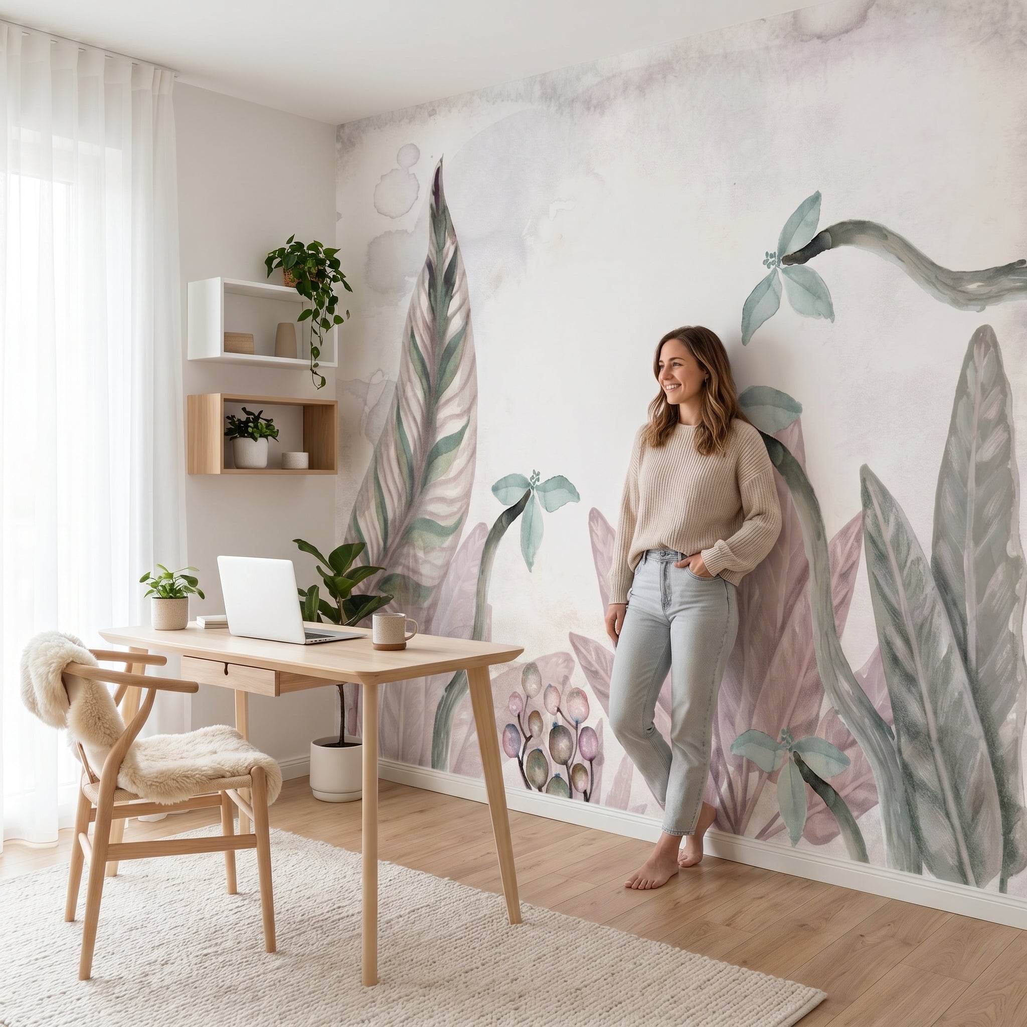 Mural de papel pintado - Hojas botánicas rosa acuarela