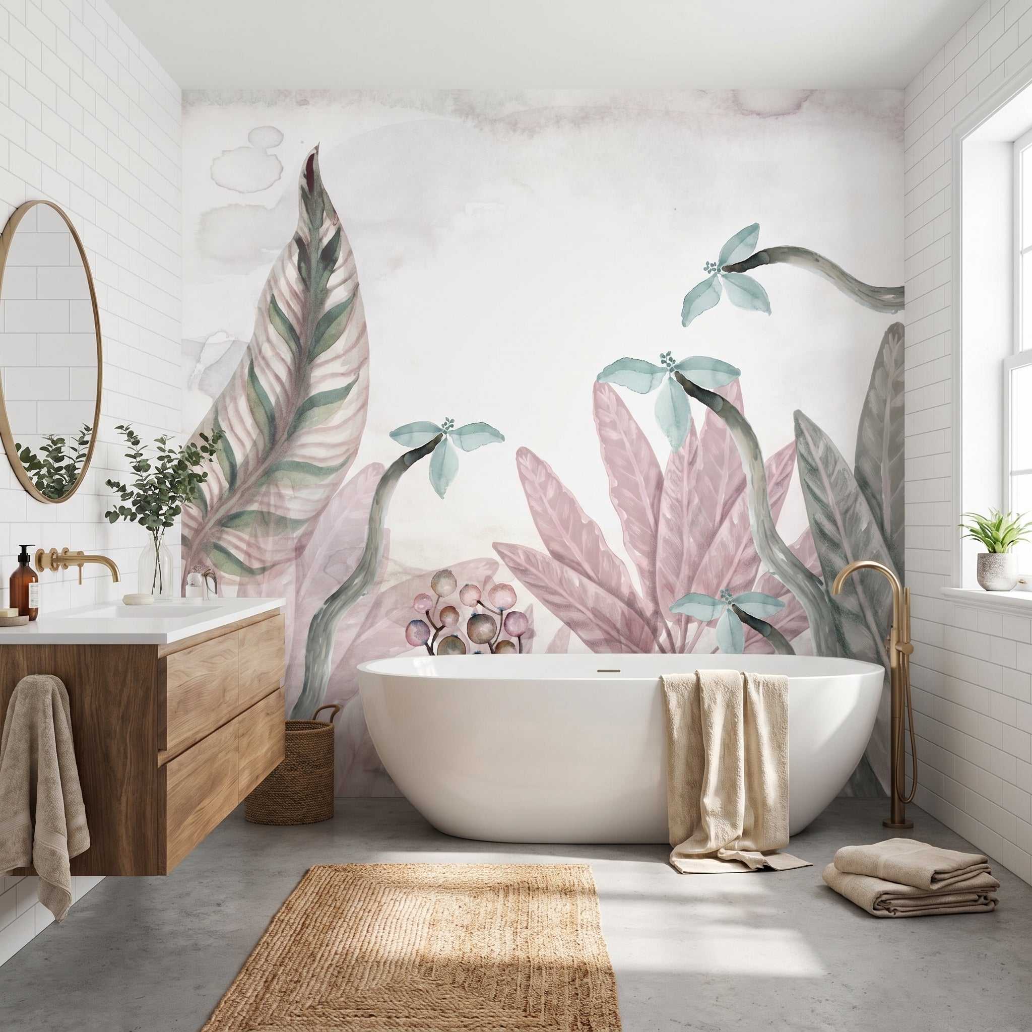 Mural de papel pintado - Hojas botánicas rosa acuarela