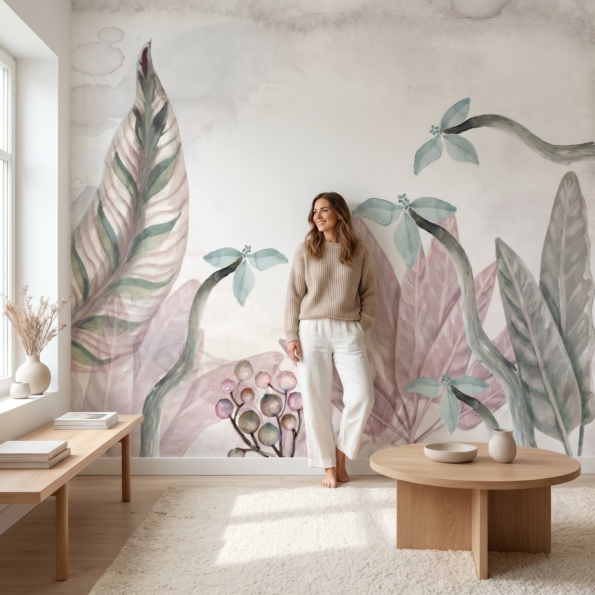 Mural de papel pintado - Hojas botánicas rosa acuarela