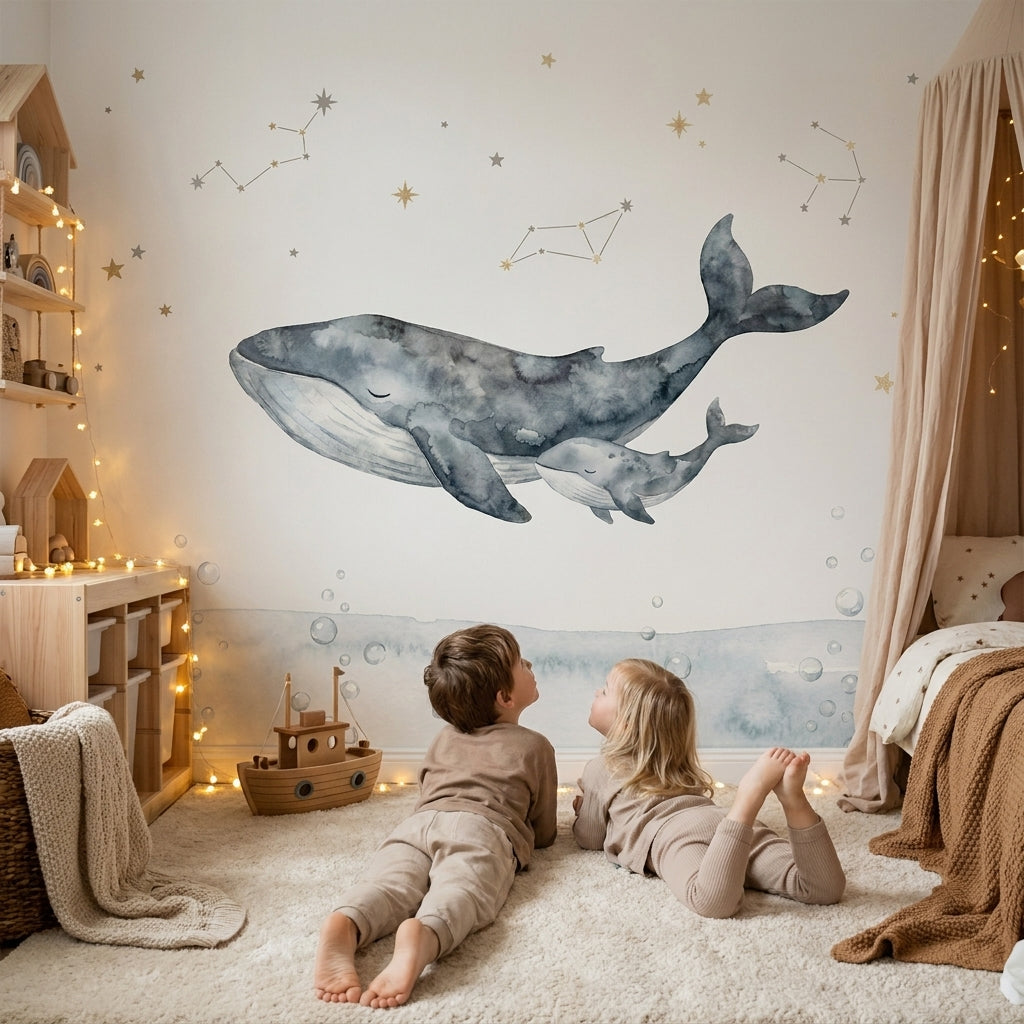 Mural de papel pintado - Ballenas entre estrellas