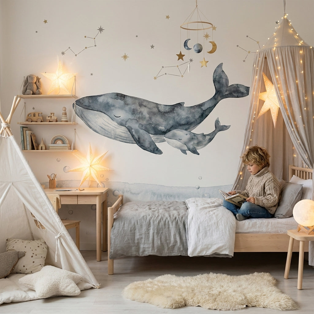 Mural de papel pintado - Ballenas entre estrellas