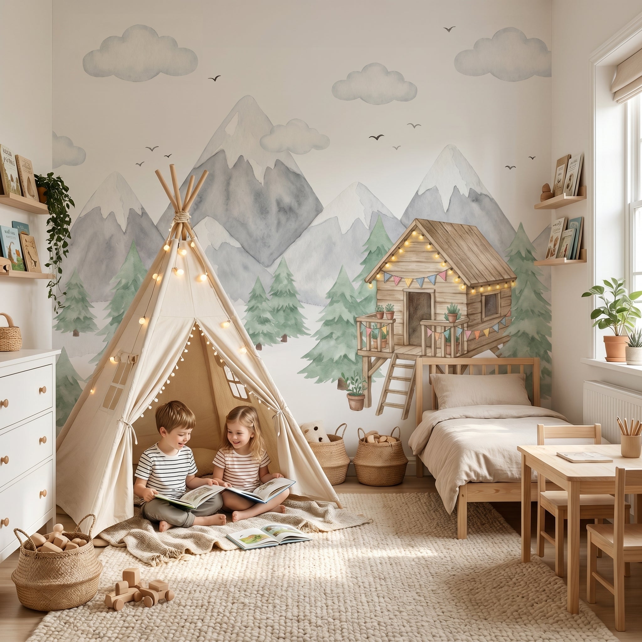 Mural de papel pintado - Casita entre montañas