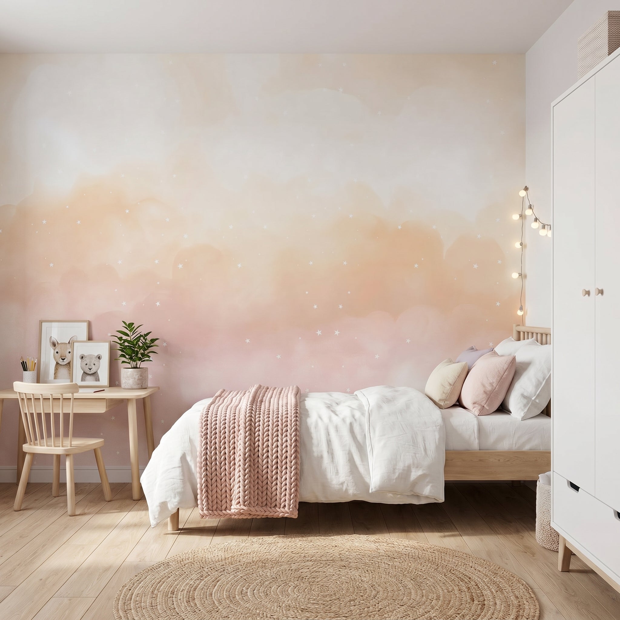 Mural de papel pintado - Nubes y estrellas rosa