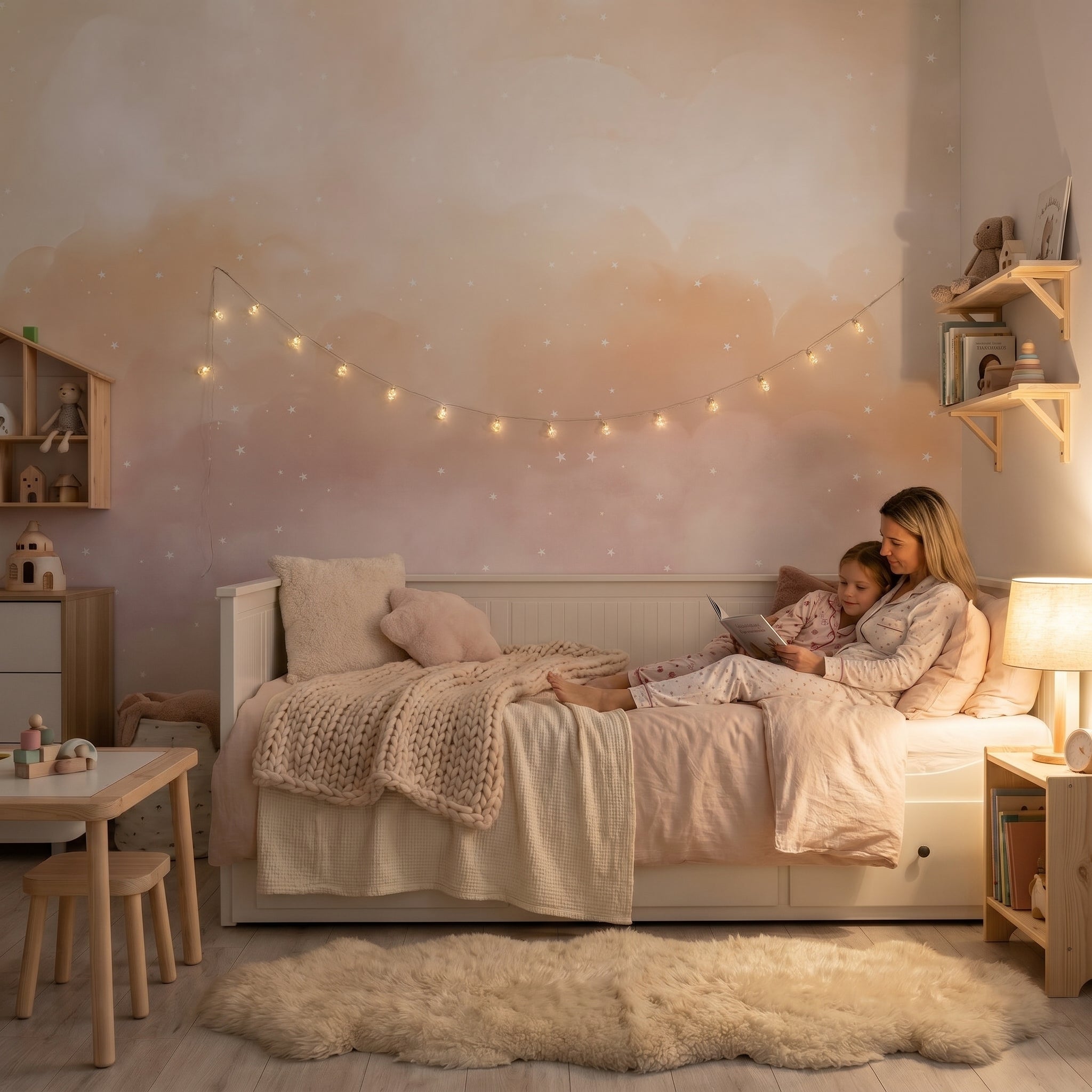 Mural de papel pintado - Nubes y estrellas rosa