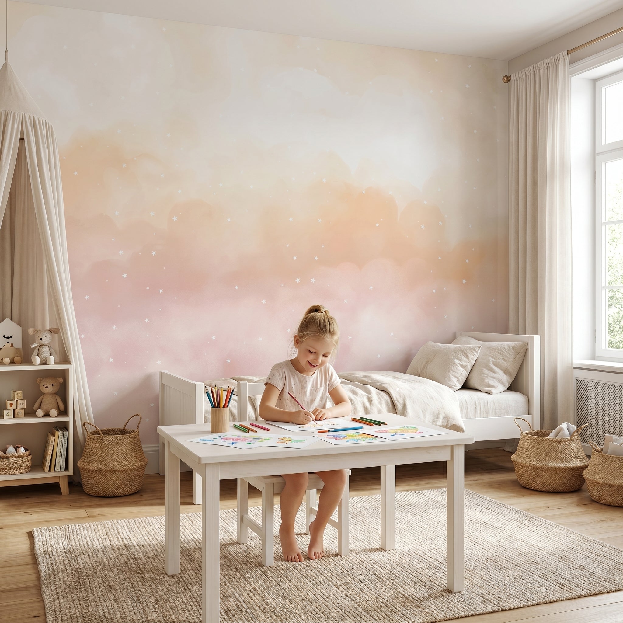 Mural de papel pintado - Nubes y estrellas rosa