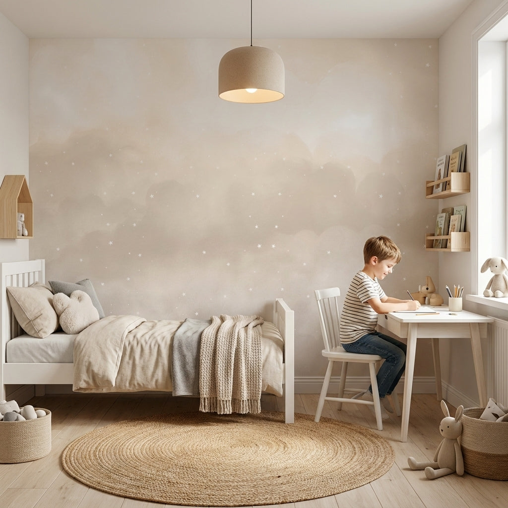 Mural de papel pintado - Nubes y estrellas neutral