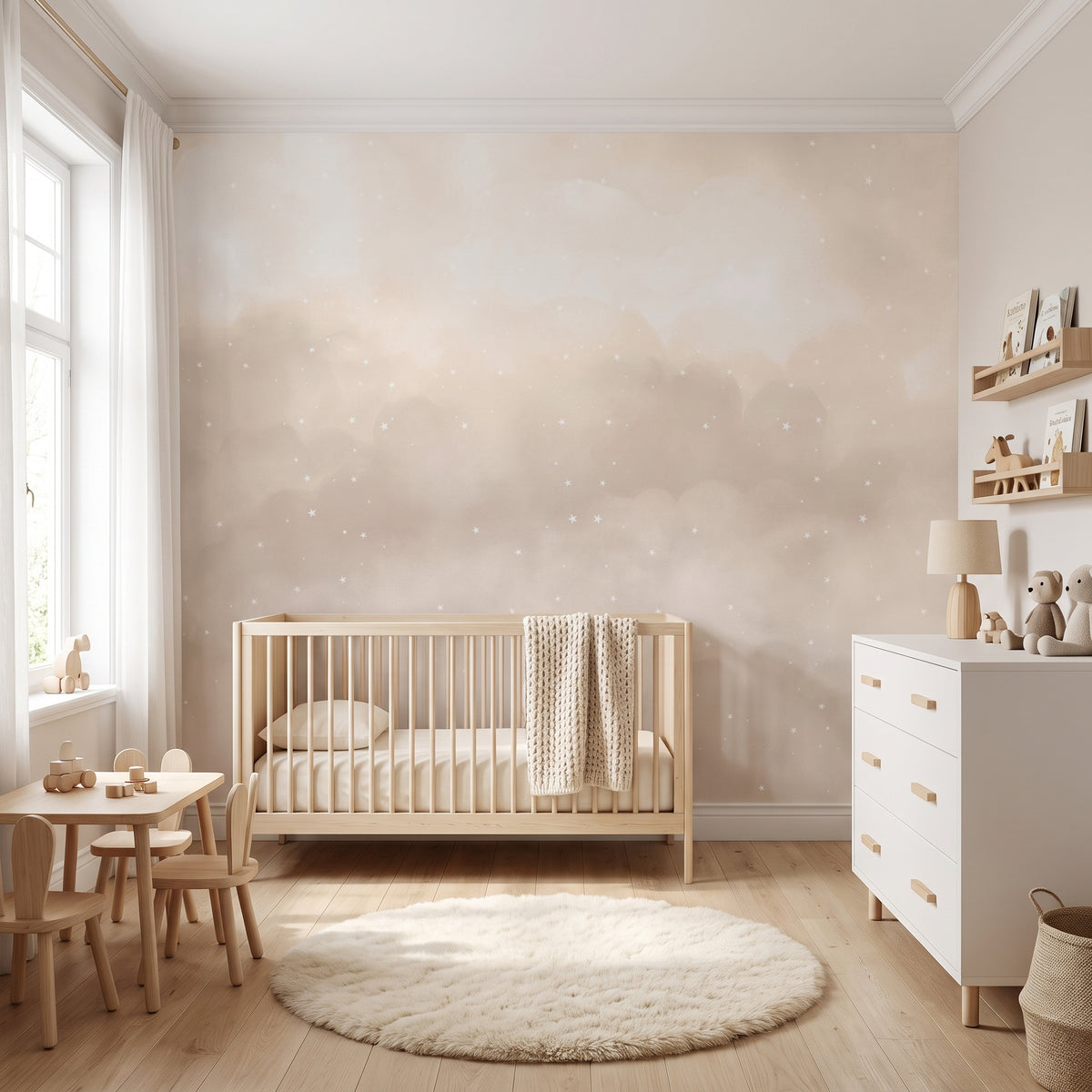 Mural de papel pintado - Nubes y estrellas neutral