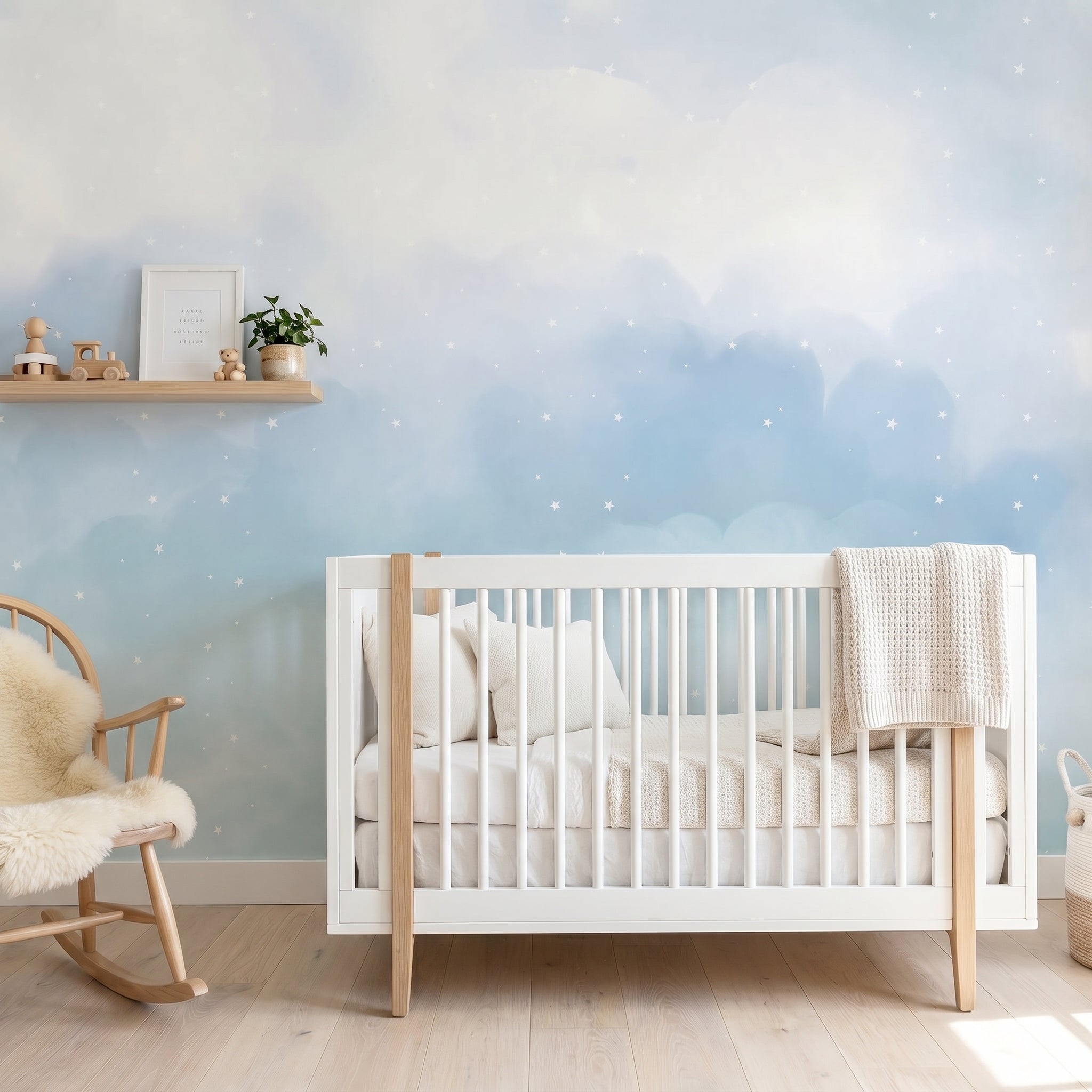 Mural de papel pintado - Nubes y estrellas azul