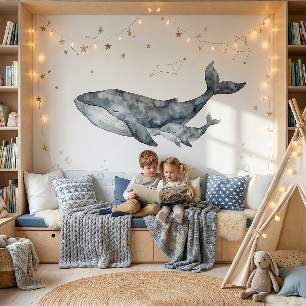 Mural de papel pintado - Ballenas entre estrellas