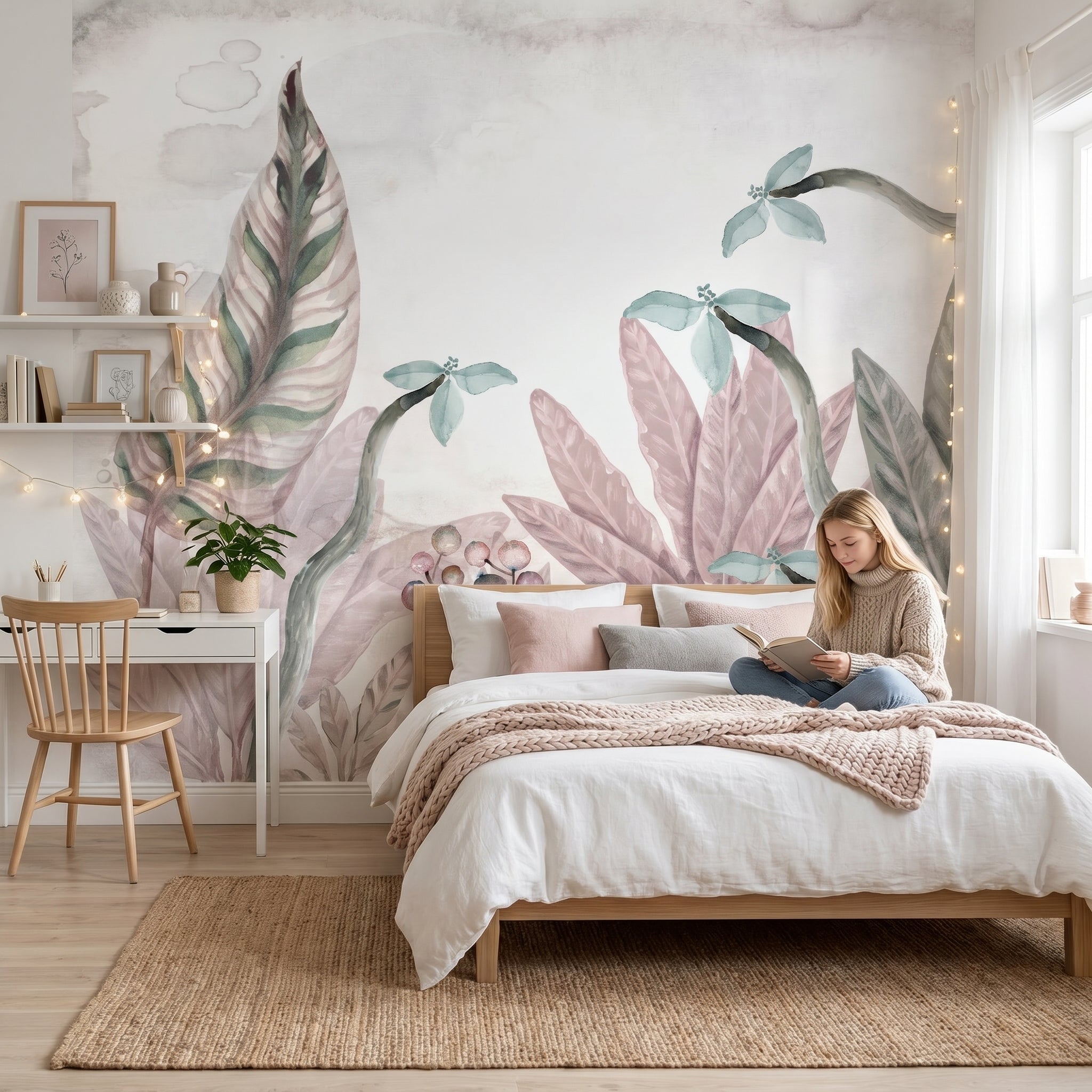 Mural de papel pintado - Hojas botánicas rosa acuarela