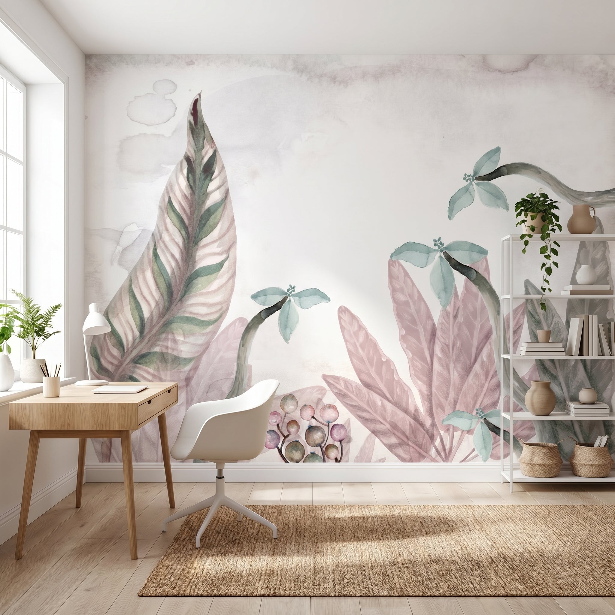 Mural de papel pintado - Hojas botánicas rosa acuarela