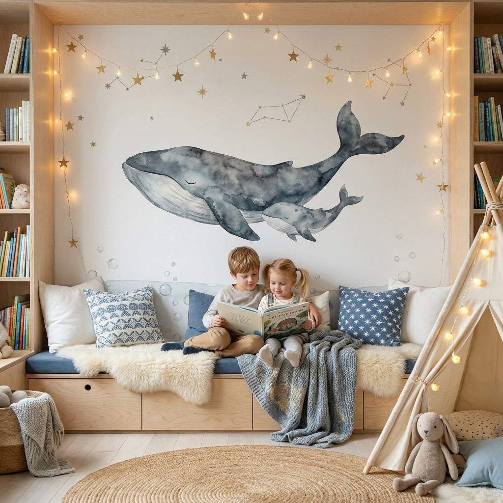 Mural de papel pintado - Ballenas entre estrellas