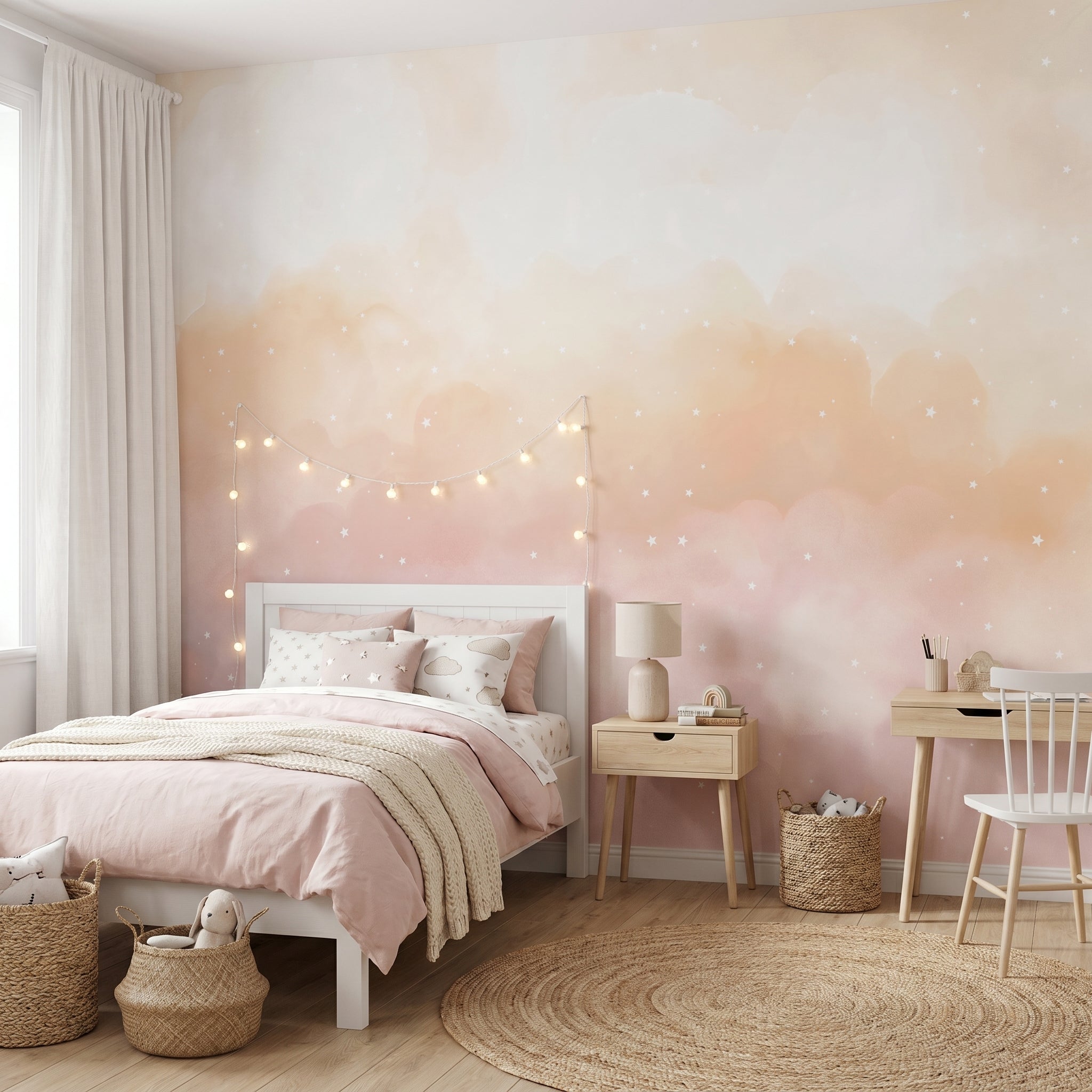 Mural de papel pintado - Nubes y estrellas rosa