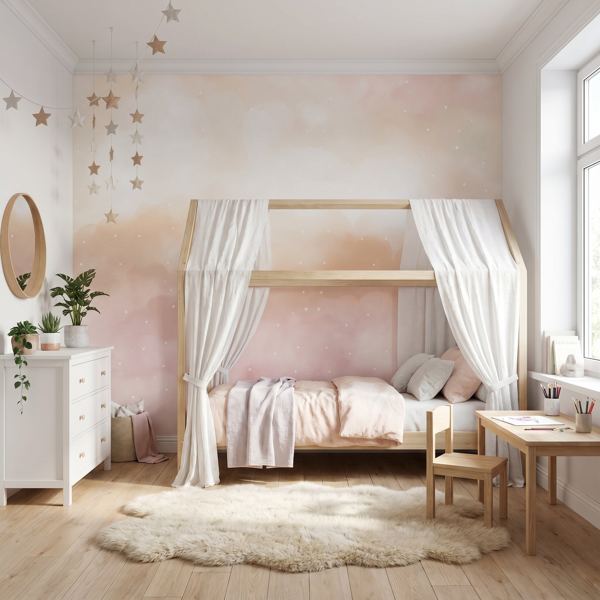 Mural de papel pintado - Nubes y estrellas rosa