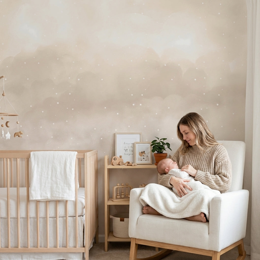 Mural de papel pintado - Nubes y estrellas neutral